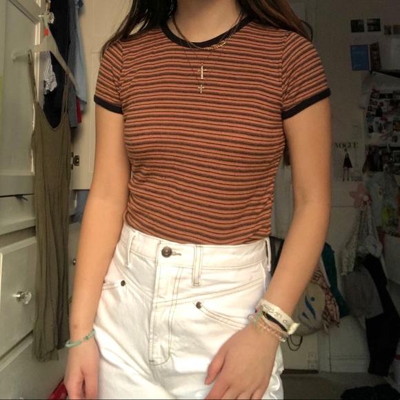 forever 21 burnt orange brown striped ribbed tee - Picture 1 of 4